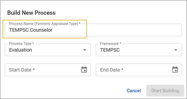 Modal to build a new process with highlighted fields for input.